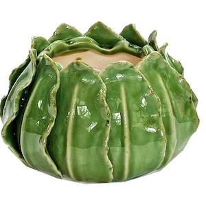 Bol Exner Green Leaf, cache-pot en céramique Majolica motif feuille de chou | Centre de table botanique vintage | Décoration de table style cottagecore