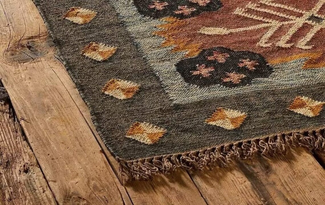 Wool Jute Kilim Rug, Handwoven Wool Jute Rug, Kilim Jute Rug, Flatweave