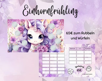 Einhornfrühling - spare 65 Euro || Eine Sparchallenge zum Würfeln und Rubbeln || Print auf 300g Papier - passend für A6 Zippertaschen