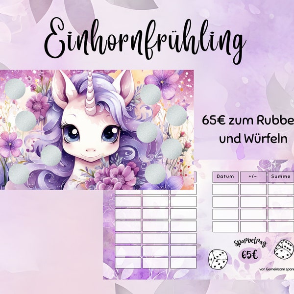 Einhornfrühling - spare 65 Euro || Eine Sparchallenge zum Würfeln und Rubbeln || Print auf 300g Papier - passend für A6 Zippertaschen