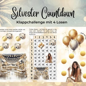 Könnte beinhalten: Ein Silvester-Countdown-Spiel mit dem Text "Silvester Countdown" und "Klappchallenge mit 4 Losen." Das Design umfasst Illustrationen von Kameras, Luftballons und ein Raster mit Aktionen. Der Hintergrund zeigt Feuerwerk.