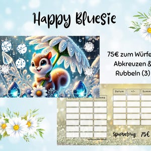 Happy Bluesie || spare 75 Euro || Eine Sparchallenge zum Rubbeln und Abkreuzen || Print mit 350g Papier