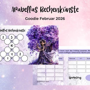 Könnte beinhalten: Ein digitales Arbeitsblatt mit dem Titel "Arabellas Rechenkünste" mit Matheaufgaben, mit einer Feenillustration und dem Text "Goodie Februar 2026". Der Hintergrund ist ein sanfter lila und rosa Farbverlauf.