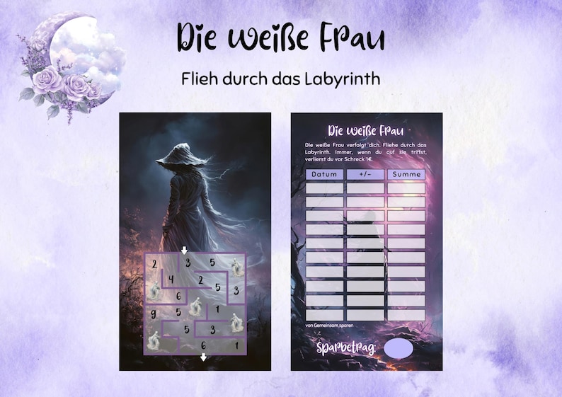 Puede incluir: Ilustraci&oacute;n digital con el texto "Die wei&szlig;e Frau" y "Flieh durch das Labyrinth". La imagen muestra una figura con abrigo largo y sombrero, y un tablero de juego con n&uacute;meros y s&iacute;mbolos. El fondo es morado y oscuro.