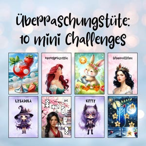 Könnte beinhalten: Eine Sammlung illustrierter Karten mit dem Text "Überraschungstüte: 10 mini Challenges". Die Karten zeigen verschiedene Cartoon-Charaktere, darunter eine Meerjungfrau, ein Hase, eine Prinzessin, eine Hexe und eine katzenartige Figur. Einige Karten haben Preise.