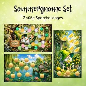 Könnte beinhalten: Ein Set aus drei bedruckten Spar-Challenge-Blättern mit der Aufschrift Sommergnome Set 3 süße Sparchallenges. Die Bilder zeigen Gartenzwerge in sommerlichen Umgebungen mit sechseckigen und runden Feldern zum Eintragen von Sparzielen und Symbolen.