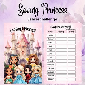 Könnte beinhalten: Ein rosa-weißer Planer mit dem Text "Saving Princess" und "Jahreschallenge". Der Planer zeigt Illustrationen von Cartoon-Prinzessinnen und einem Schloss. Die rechte Seite hat eine monatliche Übersicht.