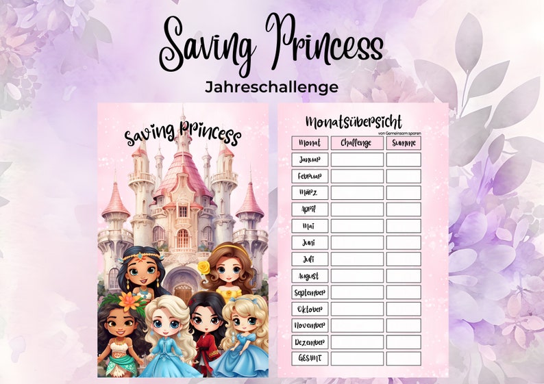 Saving Princess Märchenhafte Jahreschallenge laminierte Challenge Deckblatt Tracker 12 Tombola Lose Bild 1