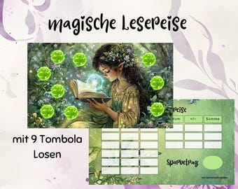 Puede incluir: Un tablero de juego imprimible verde y blanco con un hada leyendo un libro. El tablero tiene 9 espacios para jugar un juego de bingo. El texto en el tablero dice "magische Lesereise" y "mit 9 Tombola Losen".