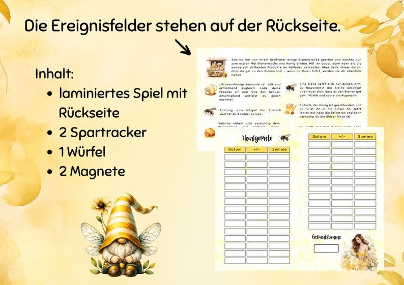 Honigernte Sparspiel passend für A6 Budgetbinder, laminiert, mit 2 Magneten und einem Würfel Bild 2