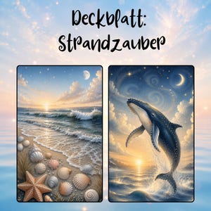 Könnte beinhalten: Zwei rechteckige Drucke mit dem Text Deckblatt: Strandzauber. Der linke Druck zeigt einen Sandstrand mit Muscheln und einem Seestern bei Sonnenuntergang. Der rechte Druck zeigt einen Wal, der bei Dämmerung aus dem Ozean springt.