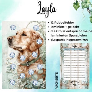 Könnte beinhalten: Eine Illustration eines Goldendoodle-Hundes mit blauen Edelsteinen auf einem grünen Blatt-Hintergrund. Das Bild zeigt auch eine laminierte Spartabelle mit 12 Rubbelfeldern. Die Tabelle ist mit "Layla" betitelt und hat einen Gesamtsparbetrag von 70 Euro.