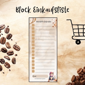 Könnte beinhalten: Ein Notizblock mit dem Text "Block Einkaufsliste" und einer Einkaufswagen-Illustration. Der Notizblock hat eine Liste mit Kontrollkästchen und dem Text "Gemütlich Einkaufen". Kaffeebohnen sind verstreut.