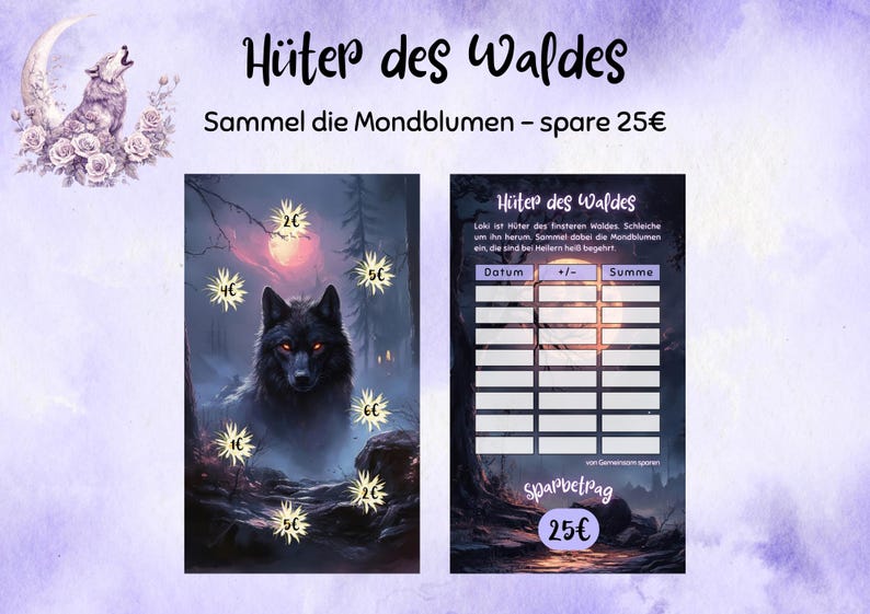 Puede incluir: Ilustraci&oacute;n de tem&aacute;tica fant&aacute;stica con un lobo negro de ojos rojos en un bosque. El texto en alem&aacute;n incluye el t&iacute;tulo "H&uuml;ter des Waldes" y la frase "Sammel die Mondblumen - spare 25&euro;".