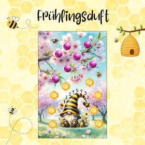 Könnte beinhalten: Eine farbenfrohe Illustration mit einem Zwerg mit gestreiftem Hut, umgeben von Bienen und Kirschblüten. Der Text "Frühlingsduft" ist im Bild enthalten, zusammen mit einem Wabenmuster.