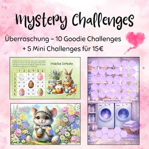 Könnte beinhalten: Ein Set aus Mystery Challenges mit drei verschiedenen Spielkarten. Eine Karte zeigt ein Gitter mit Ostereiern und einem Hasen, eine weitere eine Maus in einem Blumenfeld und die dritte eine Waschküche mit violetten Kreisen und Sechsecken.
