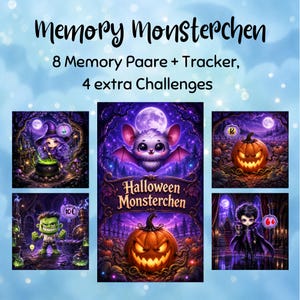 Könnte beinhalten: Ein Memory Monsterchen Spielset mit 8 Paaren, einem Tracker und 4 zusätzlichen Herausforderungen. Das Design zeigt Illustrationen von Hexe, Fledermaus, Kürbis, grünem Monster und Vampir sowie den Text Memory Monsterchen.