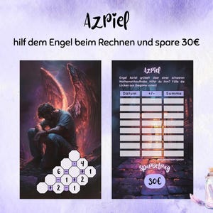 Puede incluir: Impresi&oacute;n de arte digital con la palabra "Azriel" y la frase "ayuda al &aacute;ngel con las matem&aacute;ticas y ahorra". La imagen incluye una ilustraci&oacute;n de un &aacute;ngel y una hoja de trabajo de matem&aacute;ticas.