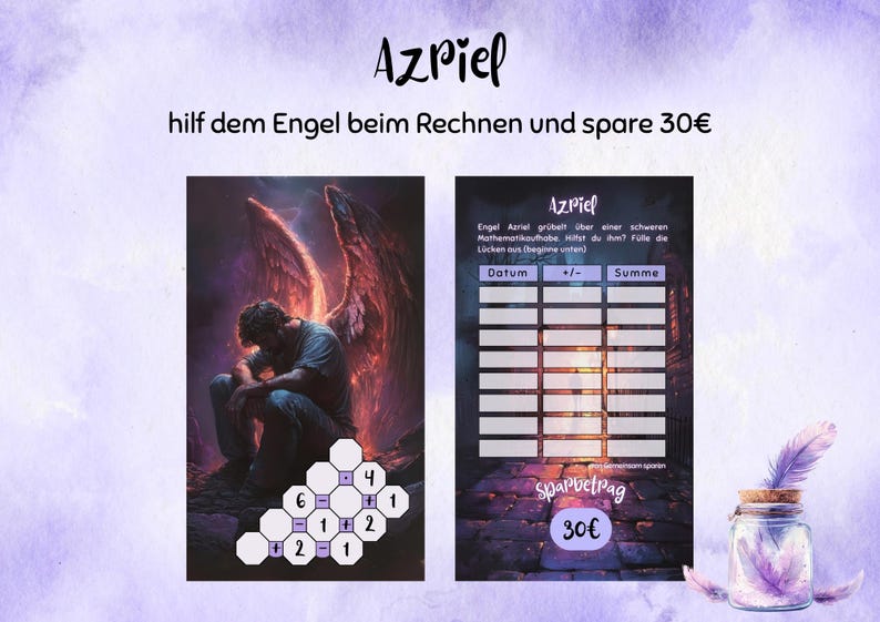 Puede incluir: Impresi&oacute;n de arte digital con la palabra "Azriel" y la frase "ayuda al &aacute;ngel con las matem&aacute;ticas y ahorra". La imagen incluye una ilustraci&oacute;n de un &aacute;ngel y una hoja de trabajo de matem&aacute;ticas.