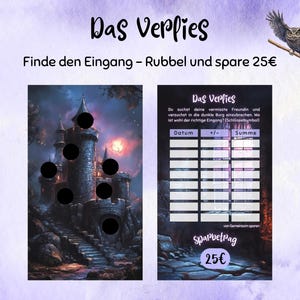 Puede incluir: Un juego de rascar de tem&aacute;tica fant&aacute;stica con el t&iacute;tulo "Das Verlies" y el texto "Encuentra la entrada - Rasca y ahorra 25&euro;". El dise&ntilde;o presenta una ilustraci&oacute;n de castillo y un b&uacute;ho con una escoba.