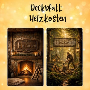 Könnte beinhalten: Zwei rechteckige Bilder mit dem Text Deckblatt: Heizkosten. Das linke Bild zeigt einen Steinkamin mit brennendem Feuer, einen Holzstapel und ein Schild mit der Aufschrift Heizkosten. Das rechte Bild zeigt einen Wald mit einer Person beim Holzhacken.
