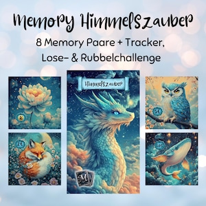 Könnte beinhalten: Ein Memory Himmelszauber-Spielset mit 8 Paaren, einem Tracker sowie Los- und Rubbelchallenges. Die Karten zeigen Fantasy-Illustrationen wie einen Drachen, eine Lotusblüte, eine Eule, einen Fuchs und einen Wal vor sternenklaren Wolkenhimmeln.