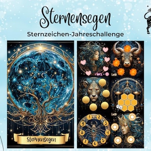 Könnte beinhalten: Ein digitaler Kunstdruck mit himmlischen und Tierkreis-Themen. Das Bild enthält eine blau-goldene Illustration eines Planeten mit einem Baum und mehrere Tierkreiszeichen. Der Text enthält "Sternensegen" und "Sternzeichen-Jahreschallenge."