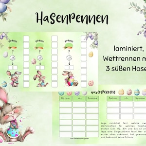 Könnte beinhalten: Ein druckbares Spielbrett für ein Hasenrennen. Das Brett zeigt drei Hasen, Würfel und eine Punktetabelle. Der Text auf dem Brett lautet "Hasenpennen" und "laminiert, Wettrennen mit 3 süßen Hasen".