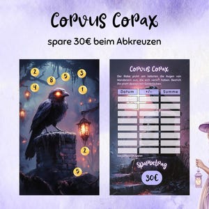Puede incluir: Una impresi&oacute;n de tem&aacute;tica fant&aacute;stica con un cuervo de ojos brillantes posado sobre una estructura de piedra, rodeado de orbes brillantes. El texto "Corvus Copax" y "spare 30&euro;" est&aacute;n en la parte superior. Una bruja con sombrero y vestido morados est&aacute; a la derecha.