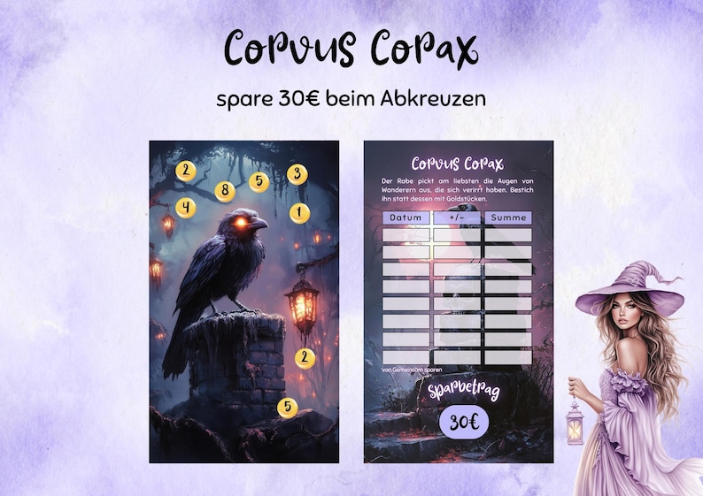 Puede incluir: Una impresi&oacute;n de tem&aacute;tica fant&aacute;stica con un cuervo de ojos brillantes posado sobre una estructura de piedra, rodeado de orbes brillantes. El texto "Corvus Copax" y "spare 30&euro;" est&aacute;n en la parte superior. Una bruja con sombrero y vestido morados est&aacute; a la derecha.