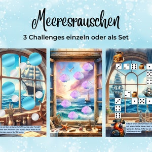 Könnte beinhalten: Drei verschiedene Spielherausforderungen mit maritimem Thema. Die erste Herausforderung besteht darin, versteckte Objekte in einer Fensterszene zu finden. Die zweite Herausforderung besteht darin, Muscheln in einer Fensterszene zu finden. Die dritte Herausforderung besteht darin, Würfel zu würfeln und Schatztruhen in einer Fensterszene zu finden.