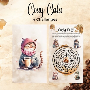 Könnte beinhalten: Eine Aquarell-Illustration einer Katze, die einen rosa Hut und einen Schal trägt und eine Tasse Kaffee hält. Die Katze ist von einem braunen und weißen Hintergrund mit Kaffeeflecken umgeben. Der Text "Cosy Cats 4 Challenges" ist oben im Bild in Schwarz geschrieben.