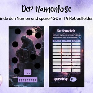 Puede incluir: Un juego de rascar de tem&aacute;tica fant&aacute;stica, titulado "Der Namenlose", con el texto "Encuentra el nombre y ahorra 45&euro; con 9 campos para rascar". El juego presenta una ilustraci&oacute;n oscura de una figura encapuchada y una botella decorativa.
