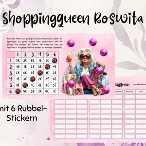 Könnte beinhalten: Ein rosa Einkaufsspielbrett mit dem Text "Shoppingqueen Roswita" und einer Illustration einer Frau mit Einkaufstaschen. Das Brett enthält ein Raster mit Zahlen und Feldern für Aufkleber.