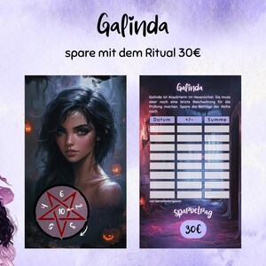 Puede incluir: Ilustraci&oacute;n digital con el nombre "Galinda" y texto en alem&aacute;n. La imagen incluye un retrato de mujer, un pentagrama y un rastreador de ahorro. Tambi&eacute;n est&aacute; presente el texto "spare mit dem Ritual 30&euro;".