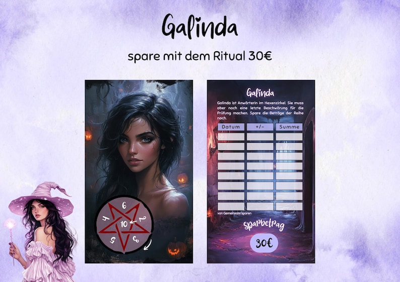 Puede incluir: Ilustraci&oacute;n digital con el nombre "Galinda" y texto en alem&aacute;n. La imagen incluye un retrato de mujer, un pentagrama y un rastreador de ahorro. Tambi&eacute;n est&aacute; presente el texto "spare mit dem Ritual 30&euro;".