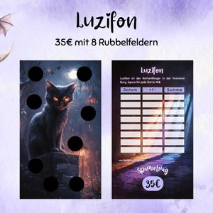Puede incluir: Tarjeta rasca y gana de tem&aacute;tica fant&aacute;stica con la palabra "Luzifon". Presenta un gato negro con ojos brillantes, una luna y un murci&eacute;lago. La tarjeta tiene ocho c&iacute;rculos para rascar y texto.