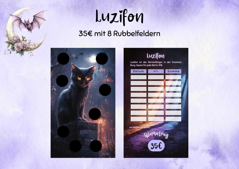 Puede incluir: Tarjeta rasca y gana de tem&aacute;tica fant&aacute;stica con la palabra "Luzifon". Presenta un gato negro con ojos brillantes, una luna y un murci&eacute;lago. La tarjeta tiene ocho c&iacute;rculos para rascar y texto.
