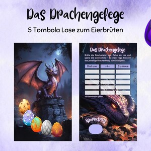 Puede incluir: Ilustraci&oacute;n de un drag&oacute;n morado con huevos coloridos. El texto en alem&aacute;n dice "Das Drachengelege" y "5 Tombola Lose zum Eierbr&uuml;ten". La imagen incluye una tabla con texto en alem&aacute;n.
