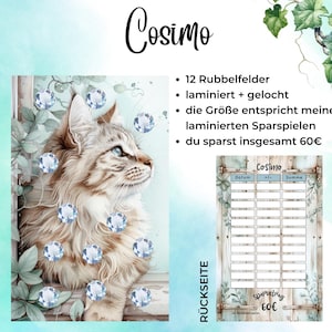 Könnte beinhalten: Eine Spartabelle mit einer Katzenillustration und blauen Strasssteinen. Die Tabelle hat 12 Rubbelfelder, ist laminiert und gelocht. Sie hat die gleiche Größe wie andere laminierte Spartabellen. Du sparst 60 Euro beim Kauf dieser Tabelle.