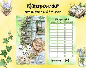 Puede incluir: Un rastreador de ahorros imprimible con un tema floral. El rastreador tiene un fondo verde y blanco con un diseño floral. El rastreador tiene una sección para la fecha, una sección para la cantidad ahorrada y una sección para la cantidad total ahorrada. El rastreador también tiene una sección para una meta de ahorro. El rastreador tiene un diseño floral con una niña y un erizo.