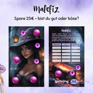 Puede incluir: Ilustraci&oacute;n digital de una bruja con sombrero morado y tablero de juego. El juego se llama "Malefiz" e incluye texto en alem&aacute;n. La imagen tiene un fondo morado y blanco con orbes rosas.