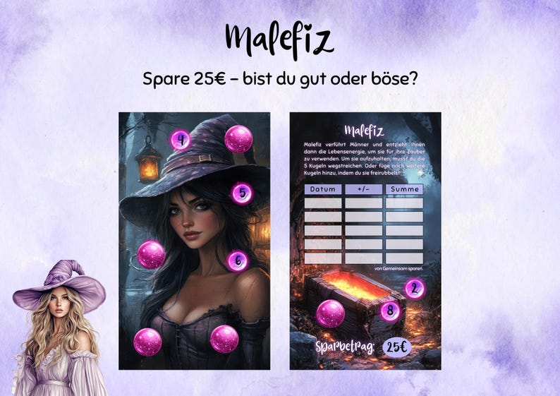 Puede incluir: Ilustraci&oacute;n digital de una bruja con sombrero morado y tablero de juego. El juego se llama "Malefiz" e incluye texto en alem&aacute;n. La imagen tiene un fondo morado y blanco con orbes rosas.
