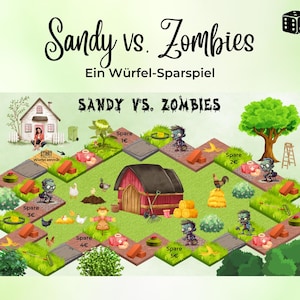 Könnte beinhalten: Ein farbenfrohes Brettspiel mit dem Titel "Sandy vs. Zombies" mit einem Bauernhof-Thema. Das Spielbrett zeigt ein Haus, eine Scheune, Zombies und verschiedene Nutztiere. Das Spiel enthält Würfel und den Text "Sandy vs. Zombies" und "Start".