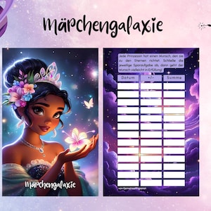 Könnte beinhalten: Digitale Illustration einer Prinzessin mit Krone, die eine leuchtende Blume hält, vor einem Galaxiehintergrund. Das Bild enthält einen lila Planeten, den Text "Märchengalaxie" und eine Feen-Silhouette.