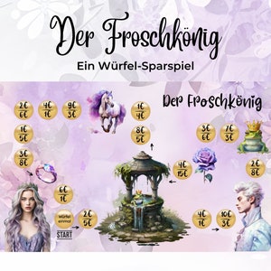 Könnte beinhalten: Ein Fantasy-Brettspiel mit dem Titel "Der Froschkönig" (Der Froschkönig) im Aquarellstil. Das Spielbrett zeigt Illustrationen einer Prinzessin, eines Prinzen, eines Frosches, eines Einhorns und eines Brunnens. Das Spiel enthält Text und Geldwerte.