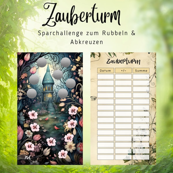 Zauberturm - spare 75 Euro || dunkler Frühling || Eine Sparchallenge zum Rubbeln und Abkreuzen || Print mit 300g Papier