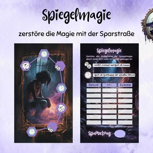Puede incluir: Impresi&oacute;n digital con el texto "Spiegelmagie" y "zerst&ouml;re die Magie mit der Sparstra&szlig;e". La imagen presenta una persona en una ventana, dados, relojes y un rastreador de ahorro. Un retrato de bruja est&aacute; en la parte superior derecha.