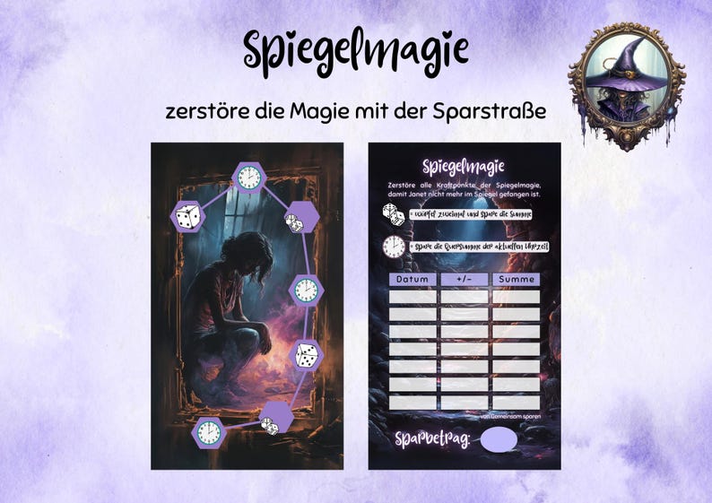 Puede incluir: Impresi&oacute;n digital con el texto "Spiegelmagie" y "zerst&ouml;re die Magie mit der Sparstra&szlig;e". La imagen presenta una persona en una ventana, dados, relojes y un rastreador de ahorro. Un retrato de bruja est&aacute; en la parte superior derecha.
