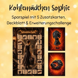 Könnte beinhalten: Kohlemädchen Sophie Sparspiel mit 5 Zusatzkarten, Deckblatt & Erweiterungschallenge. Das Hauptspielbrett zeigt eine Person in einer dunklen Umgebung mit verschiedenen Geldbeträgen, Symbolen und einem Startpunkt. Inklusive Charakter- und Kohle-Grafiken.